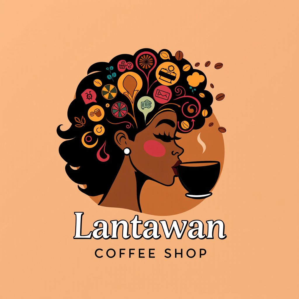 Logo design for 'Lantawan Coffee Shop', featuring a unique side profile of a Black woman sipping coffee