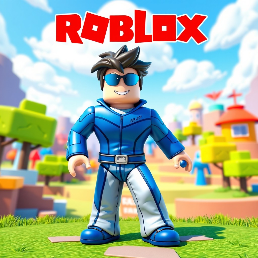 A vibrant and engaging thumbnail for Roblox featuring a character dressed in a sleek blue outfit, standing in a dynamic pose