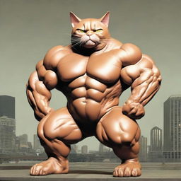 Transform the image of the muscular cat once more. This time, grant the cat humongous, gargantuan muscles, the sheer scale of which baffles the viewer and defies the laws of reality.