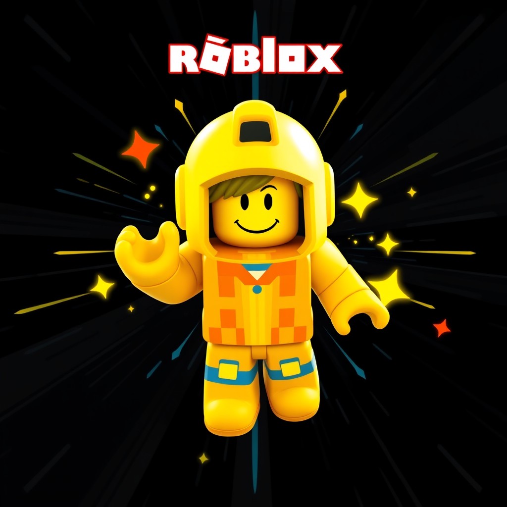 A vibrant Roblox miniatura (thumbnail) featuring a yellow character prominently positioned against a dynamic black background