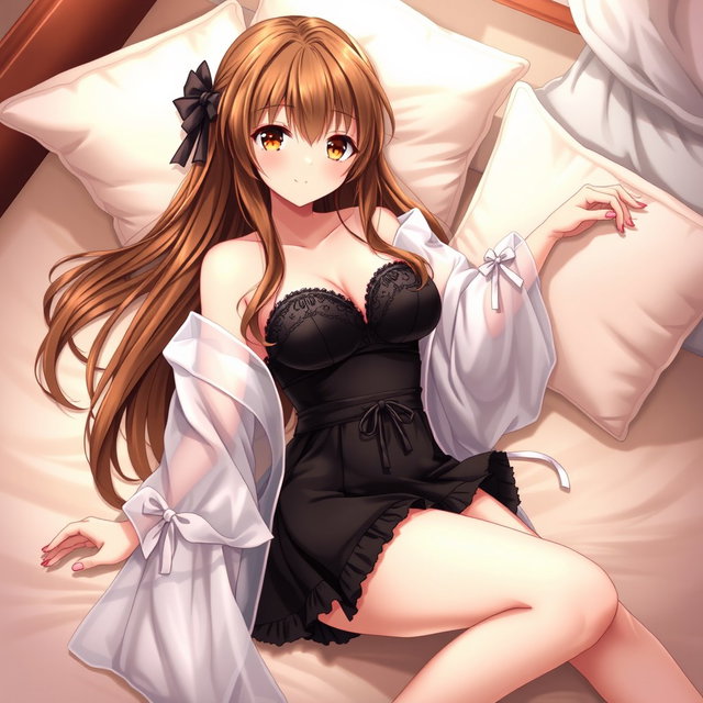 An enchanting anime girl with long, flowing brown hair and beautiful brown eyes, wearing an elegant set of black frilled lingerie that includes a stylish black frilled bra and a chic short black skirted bottom