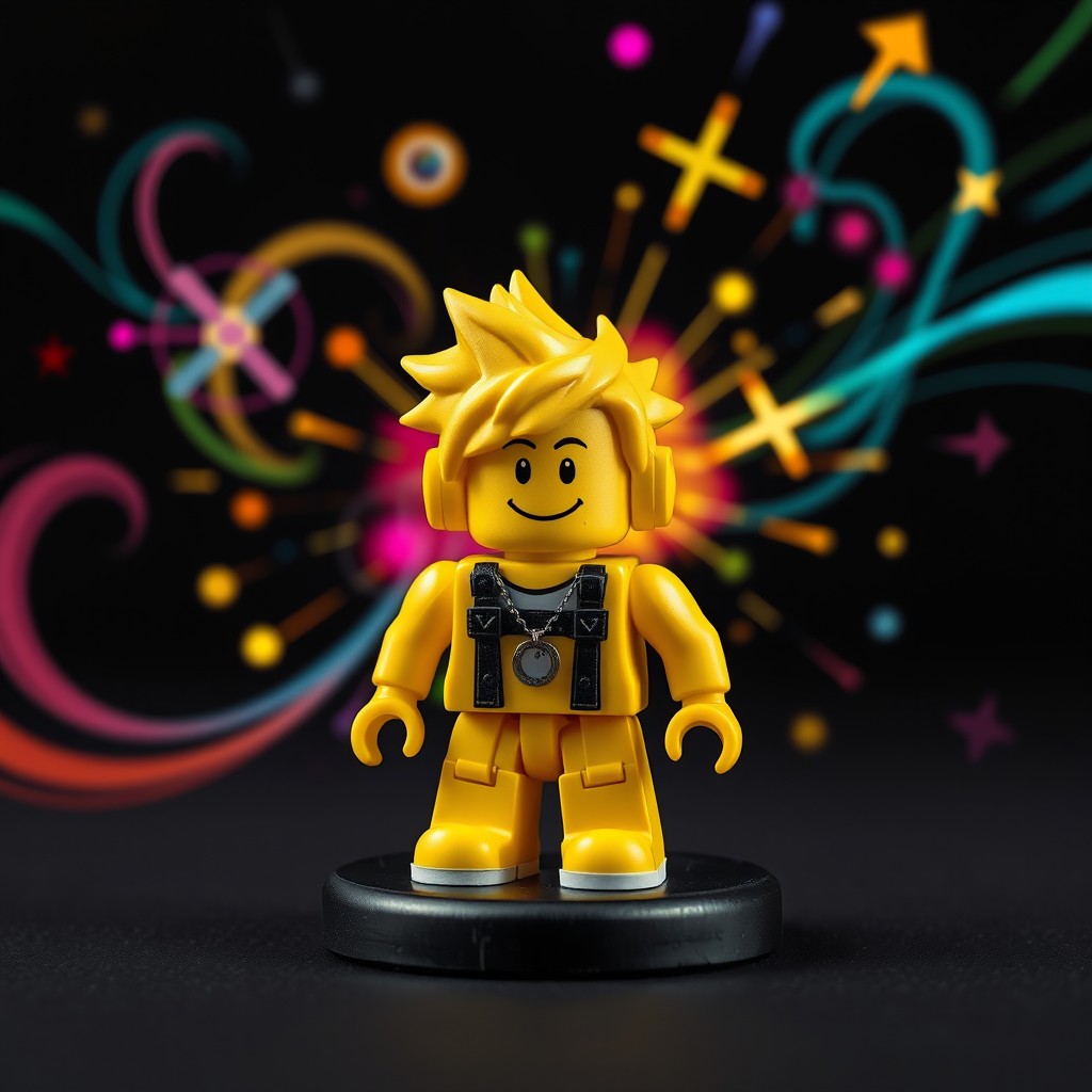 A detailed miniature figure of a Roblox yellow character showcased prominently against a dynamic black background