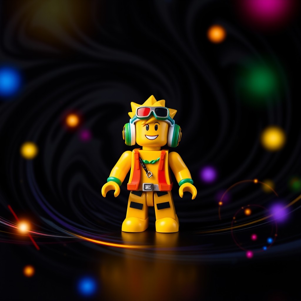 A vibrant miniature figure of a Roblox yellow character, prominently displayed against a dynamic black background