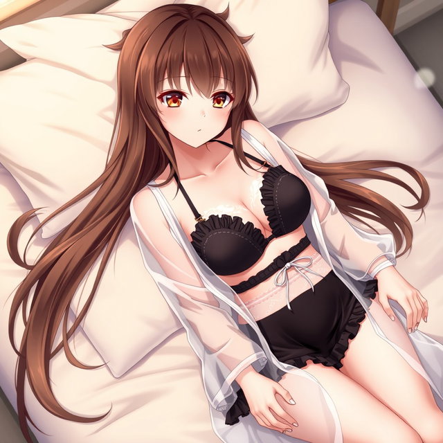 An enticing anime girl with long, luxurious brown hair flowing elegantly around her shoulders, paired with captivating brown eyes