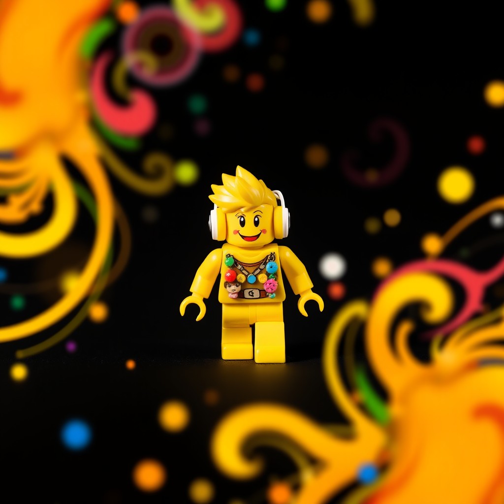 A playful miniature figure of a Roblox yellow character prominently displayed against a dynamic black background