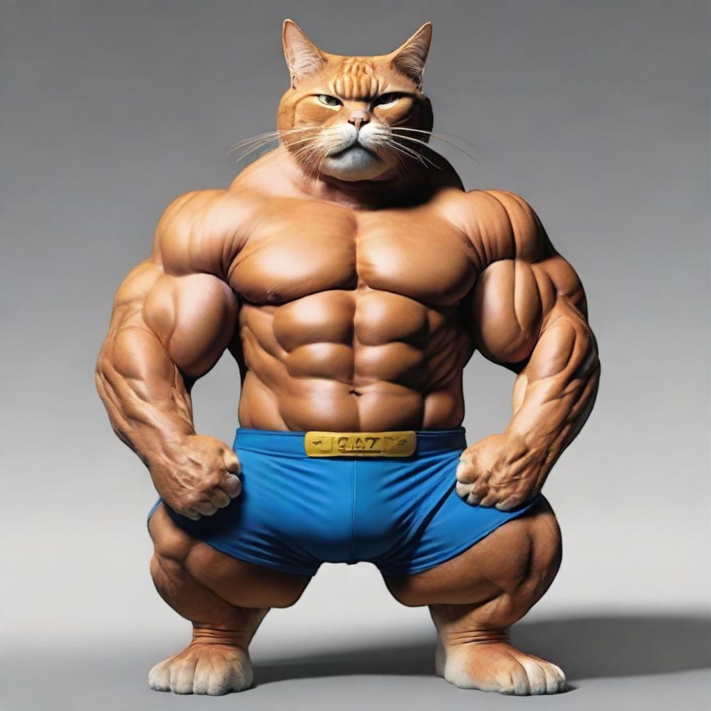 Transform the image of the muscular cat once more. This time, grant the cat humongous, gargantuan muscles, the sheer scale of which baffles the viewer and defies the laws of reality.