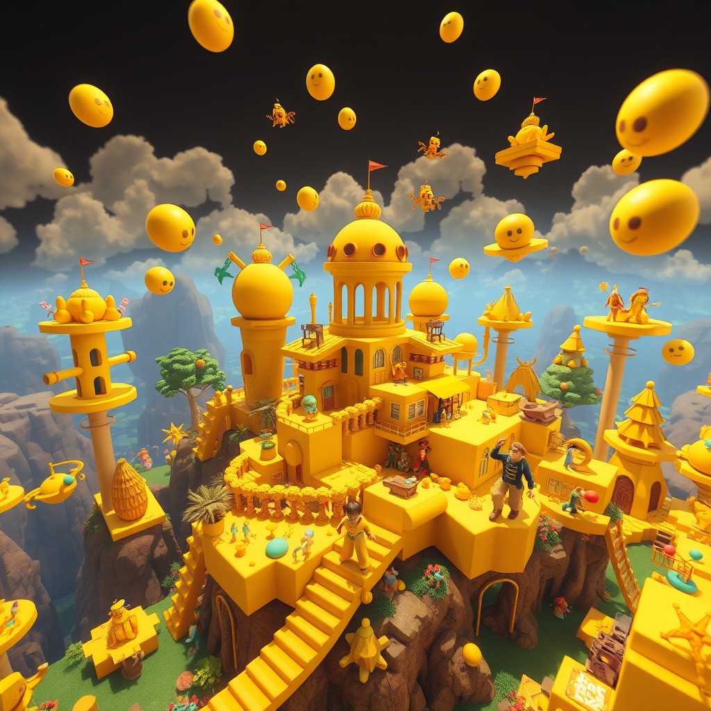An engaging and colorful dynamic scene depicting a vibrant Roblox environment in shades of yellow