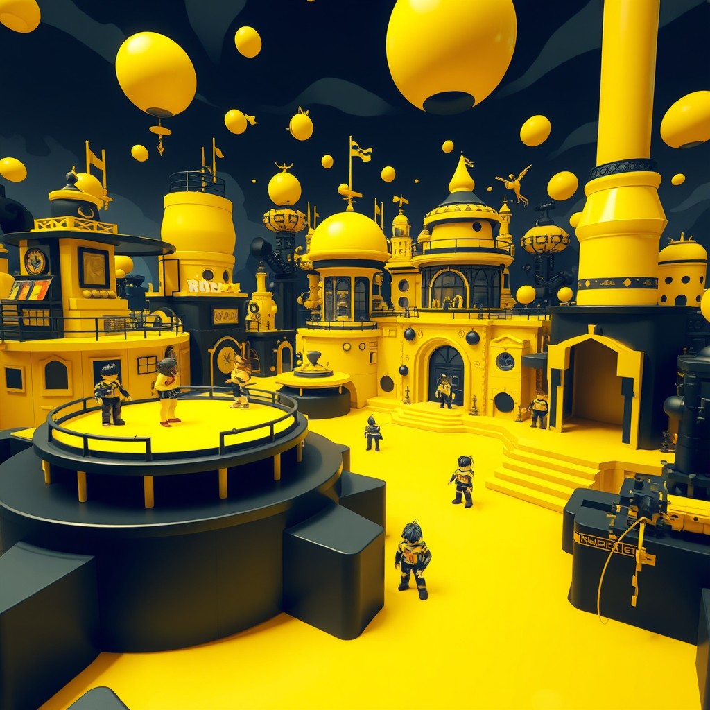A captivating and dynamic Roblox scene featuring a bold color palette of yellow and black