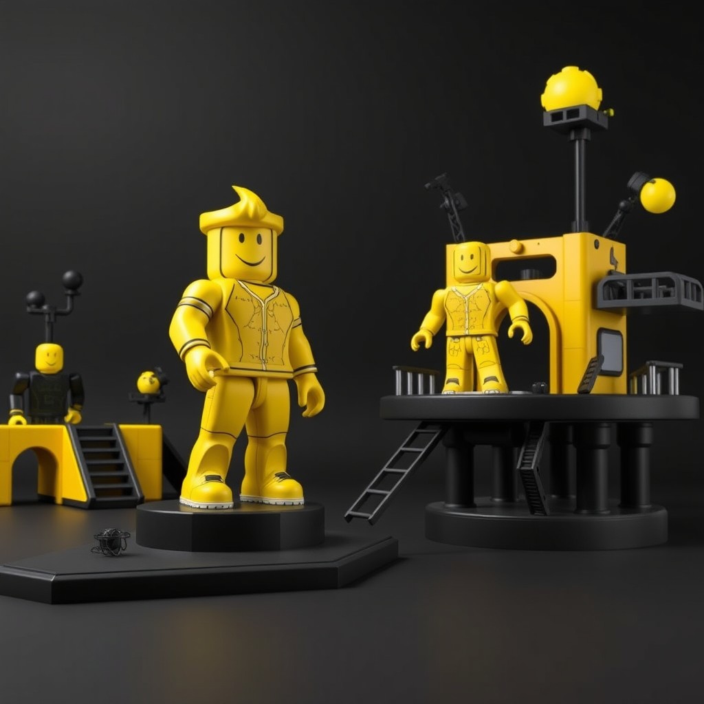 A lively and dynamic Roblox scene featuring a character known as Buddy, prominently showcased in bright yellow hues against a bold black backdrop