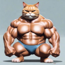 Transform the image of the muscular cat once more. This time, grant the cat humongous, gargantuan muscles, the sheer scale of which baffles the viewer and defies the laws of reality.