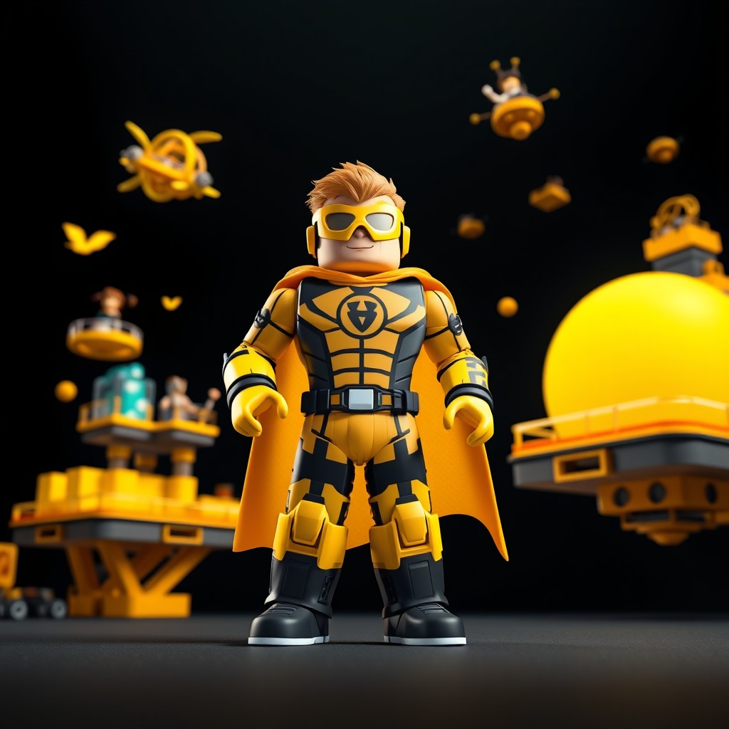 A dynamic Roblox scene featuring a character known as Partner, who embodies a heroic figure, designed in bright yellow accents contrasted against a bold black background