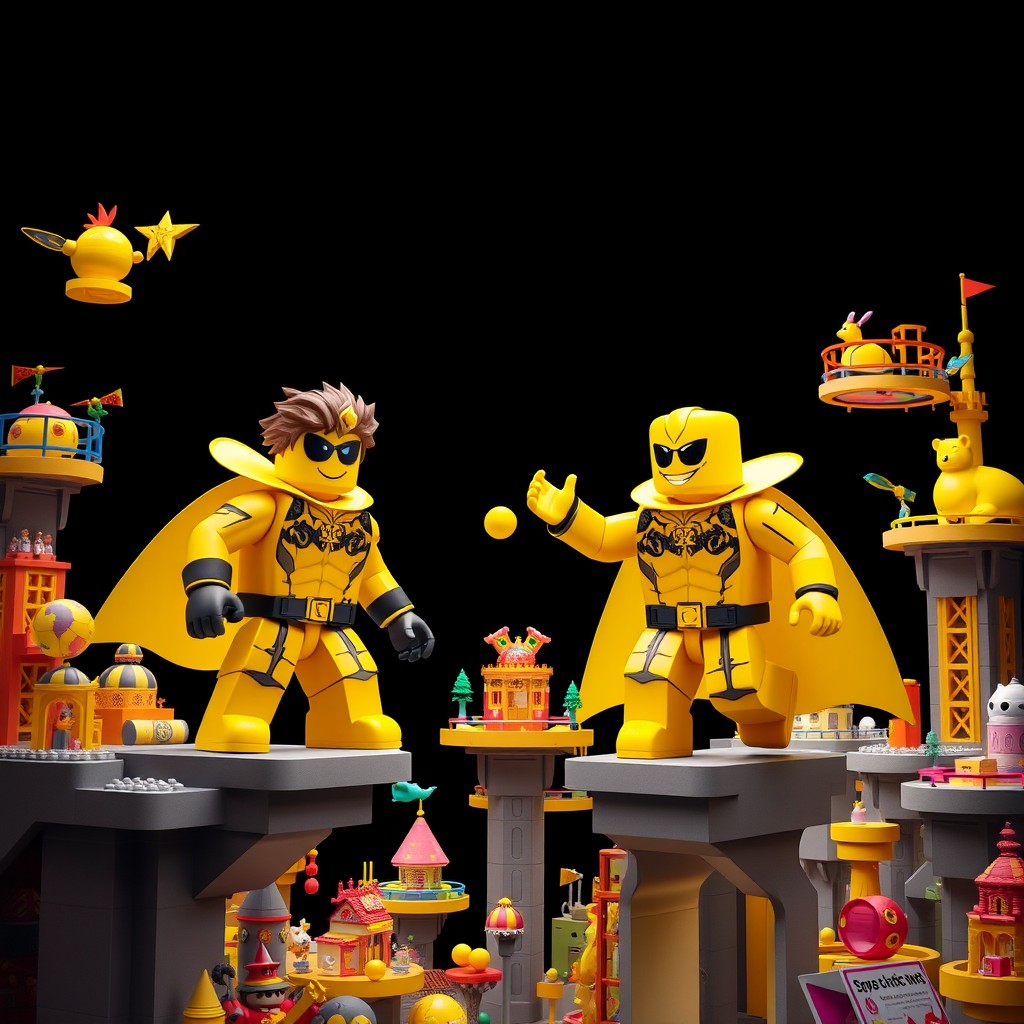 A vibrant and dynamic Roblox scene featuring two heroic characters prominently depicted in bright yellow color, set against a dramatic black background
