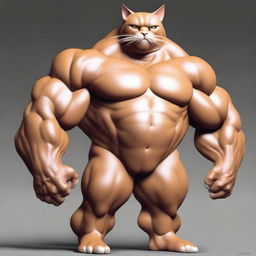 Transform the image of the muscular cat once more. This time, grant the cat humongous, gargantuan muscles, the sheer scale of which baffles the viewer and defies the laws of reality.