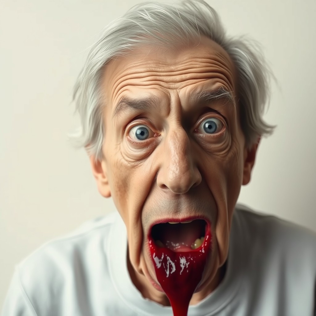 An elderly person, approximately 70 years old, with a shocked expression, vomiting blood while looking directly at the camera