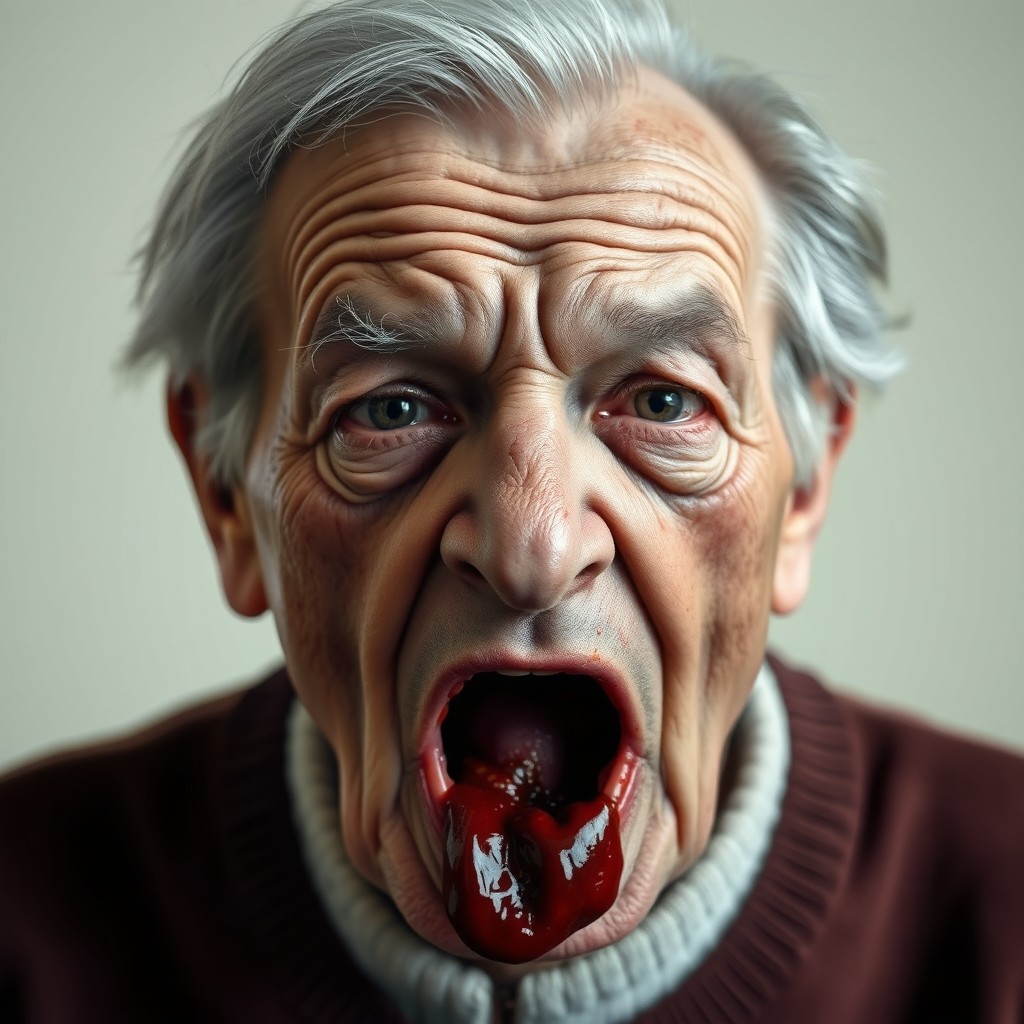 An elderly individual, around 70 years old, with a distressed expression, vomiting blood while gazing directly at the camera