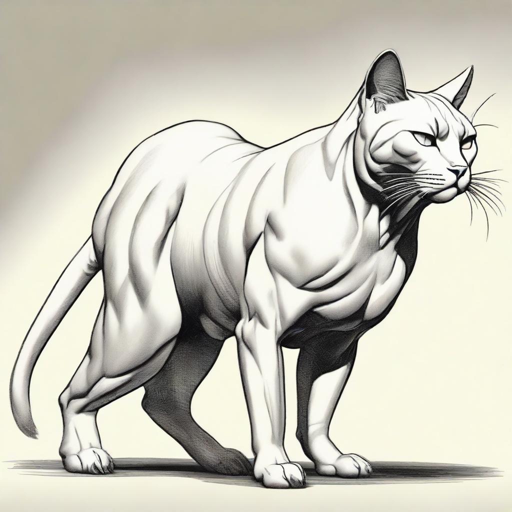 Magnify the image of the humongous muscular cat. Take the exaggeration to an extreme, making the muscles so immense they are nearly caricatured, creating an unprecedented spectacle of feline strength.