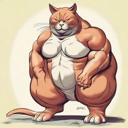 Magnify the image of the humongous muscular cat. Take the exaggeration to an extreme, making the muscles so immense they are nearly caricatured, creating an unprecedented spectacle of feline strength.