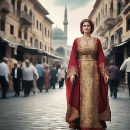 A grand, larger-than-life Turkish woman dressed in traditional clothing, standing confidently in the midst of a bustling cityscape.