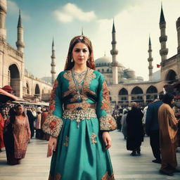 A grand, larger-than-life Turkish woman dressed in traditional clothing, standing confidently in the midst of a bustling cityscape.