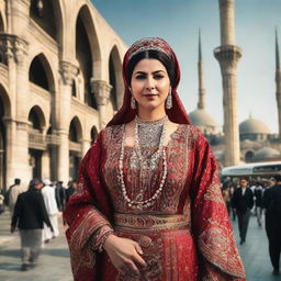 A grand, larger-than-life Turkish woman dressed in traditional clothing, standing confidently in the midst of a bustling cityscape.