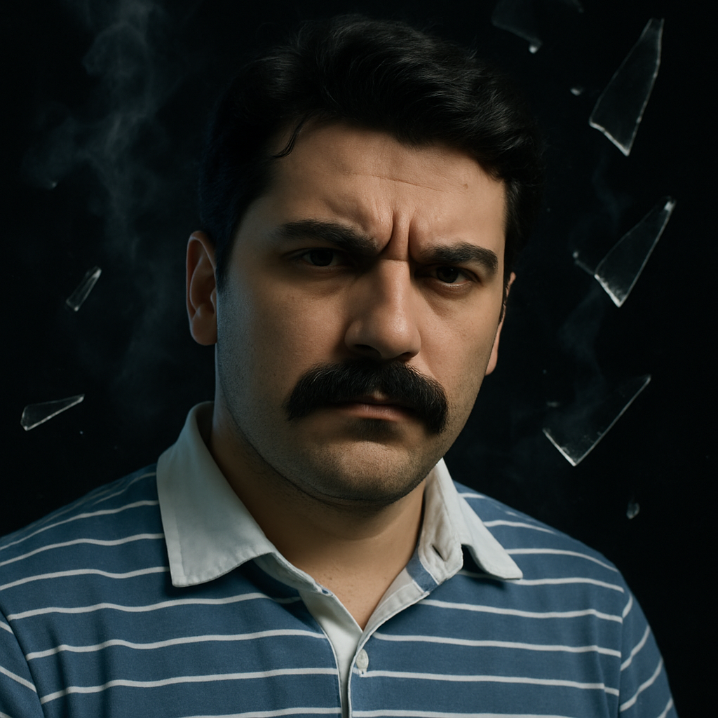 A black background with white smoke and broken glass hanging in the air next to my face and a blue striped shirt with a white collar on me.