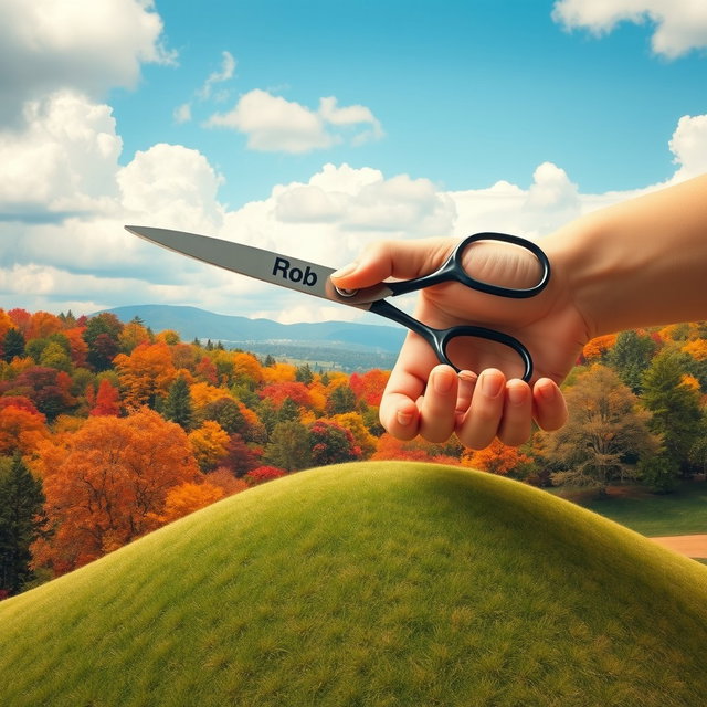 A surreal depiction of an oversized hand attempting to cut a hill using a large pair of scissors humorously labeled 'Rob'