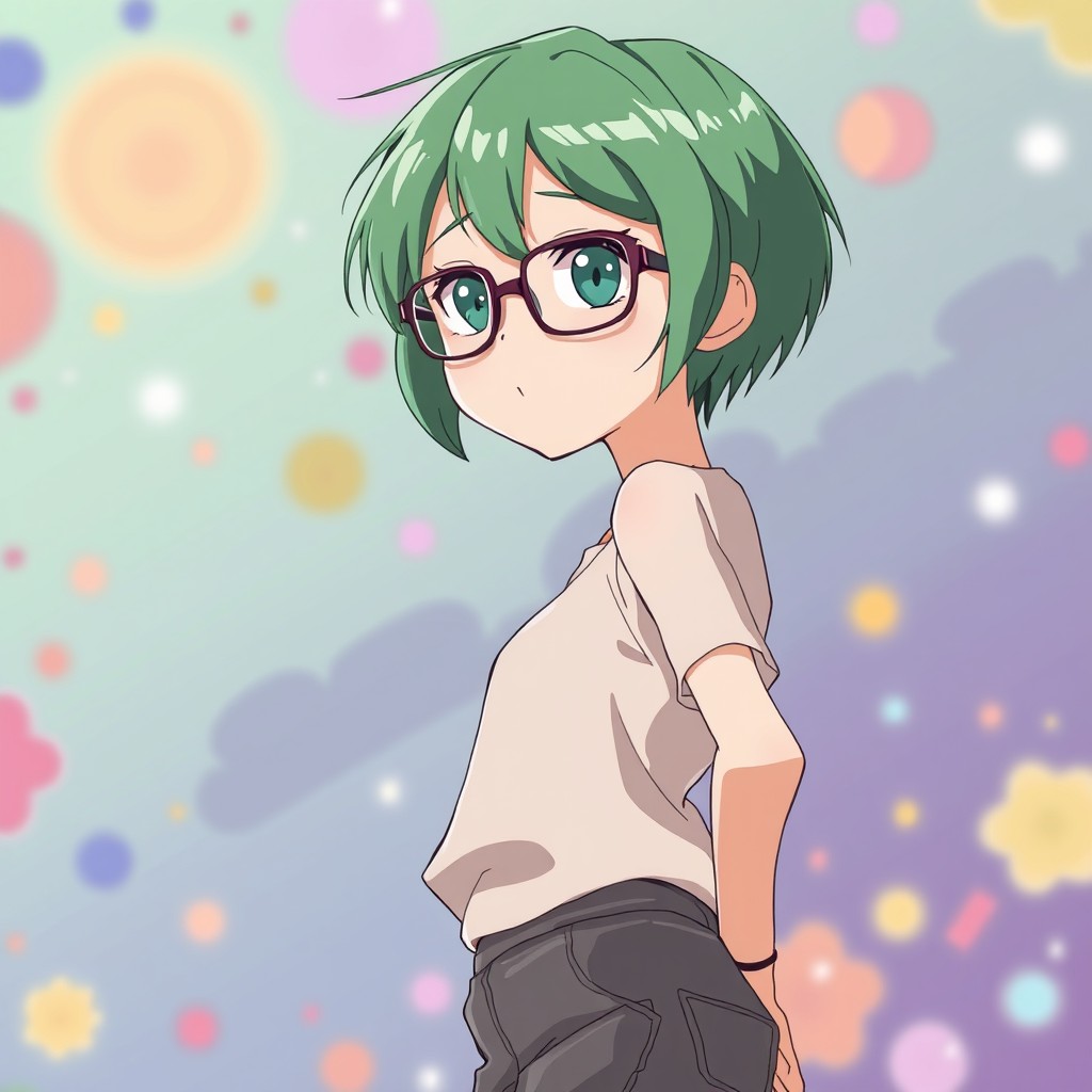 A slim, short 18-year-old girl with short green hair and glasses, wearing minimal anime-style clothing