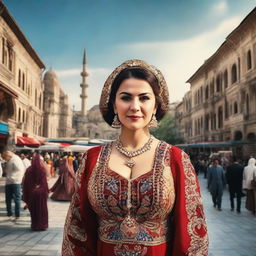 A grand, larger-than-life Turkish woman dressed in traditional clothing, standing confidently in the midst of a bustling cityscape.