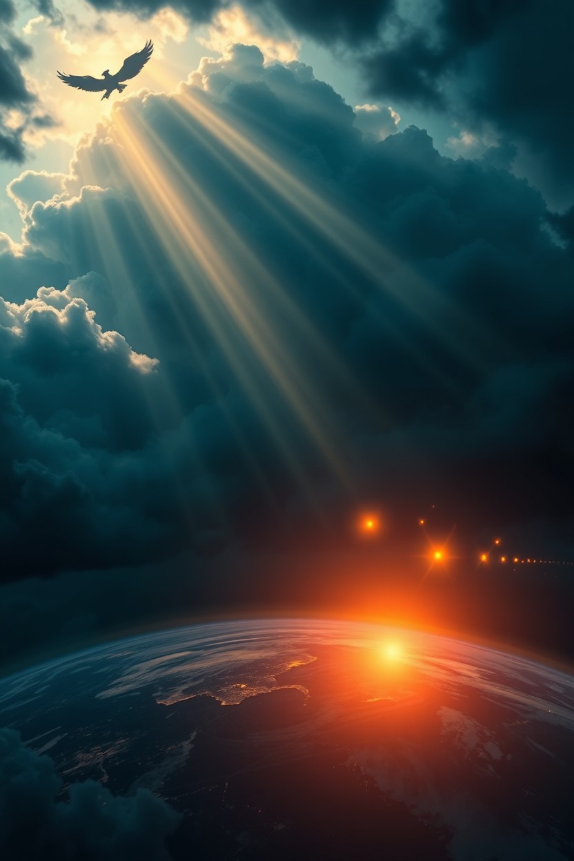 A dramatic apocalyptic scene depicting a dark, stormy sky over the Earth, with rays of light breaking through billowing clouds
