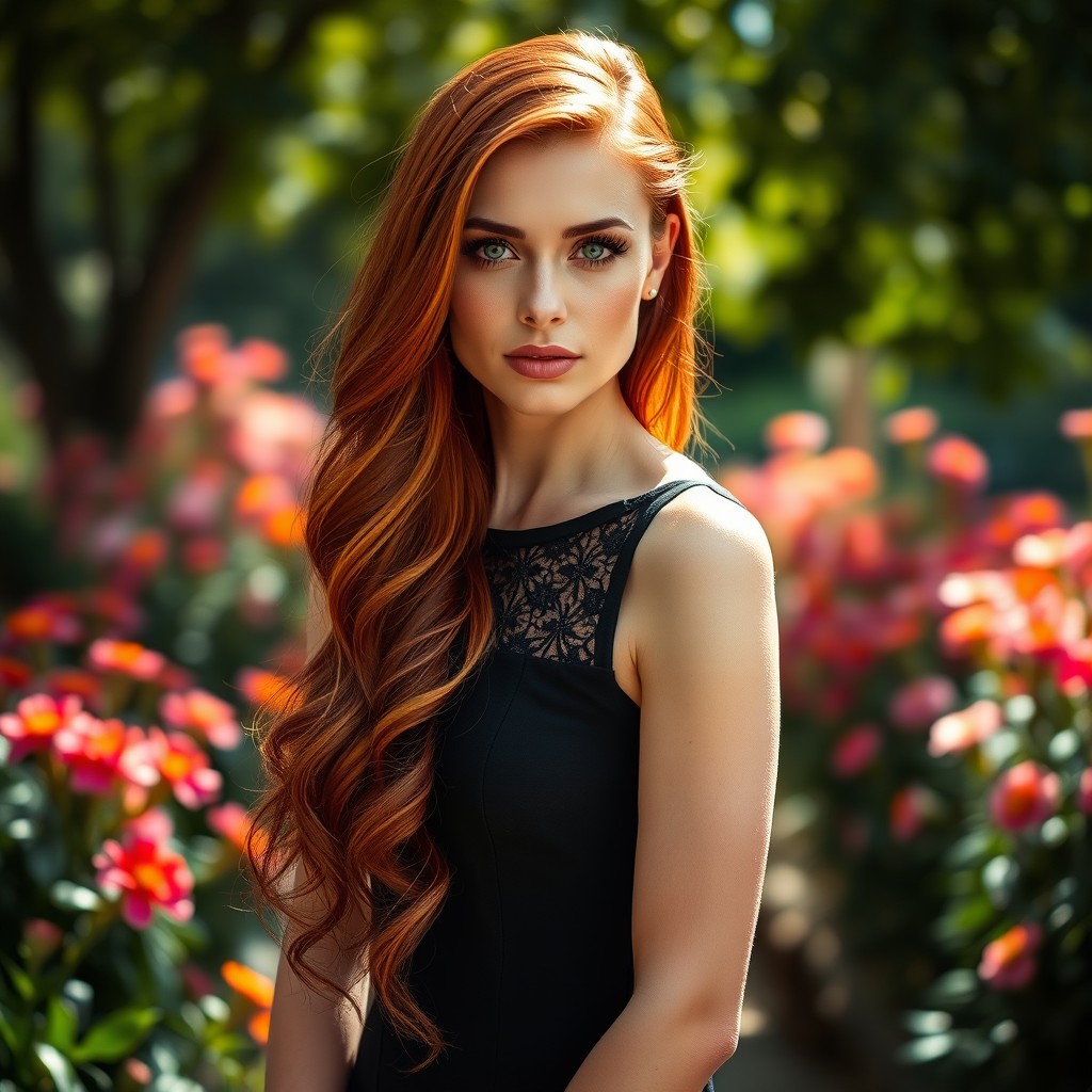 A stunning, high-resolution portrait of a confident woman with long, flowing red hair cascading down her shoulders