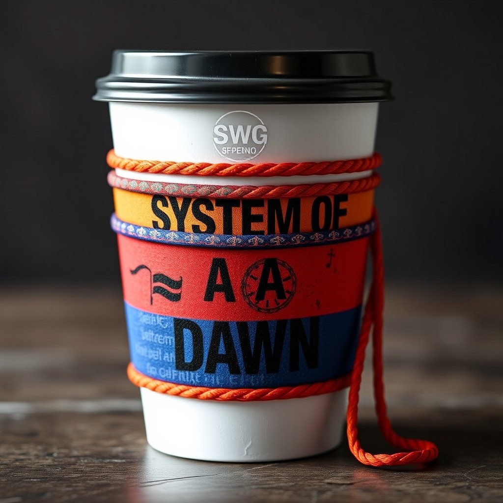 A beautifully designed decorative cord for a personalized cup, featuring alternating sections of the phrase 'SYSTEM OF A DOWN' and a striking image or graphic inspired by the band's aesthetic