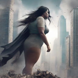 A gigantic woman looming over a city, causing destruction in her wake, with skyscrapers crumbling and cityscape in chaos.