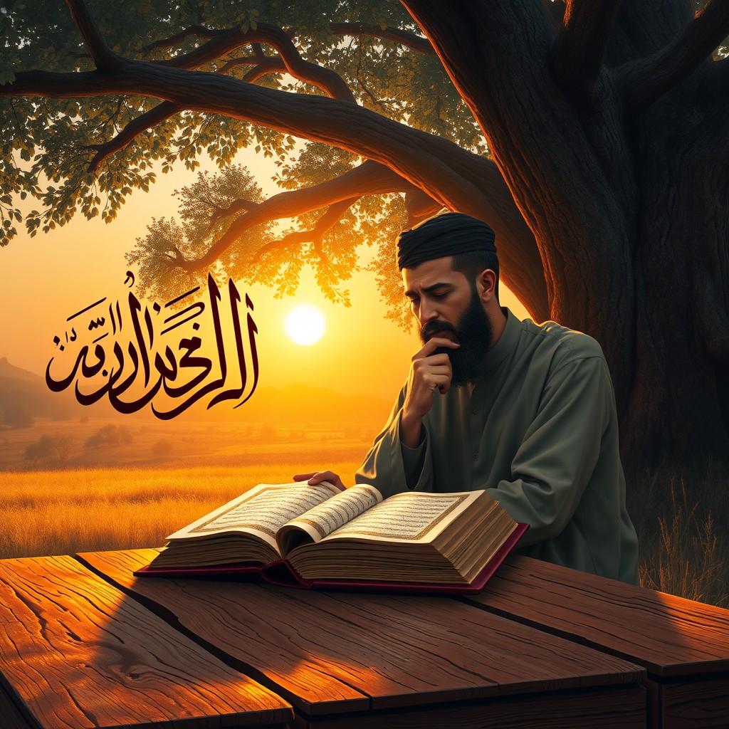 A thoughtful Muslim man sitting under a large tree during sunset, deeply engaged with an open Quran that emits a warm glow on a rustic wooden table