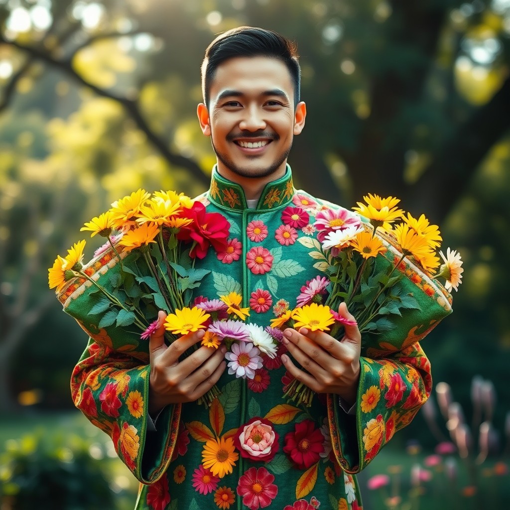 A man standing confidently in a vibrant costume decorated with floral patterns, holding an array of colorful flowers in both hands