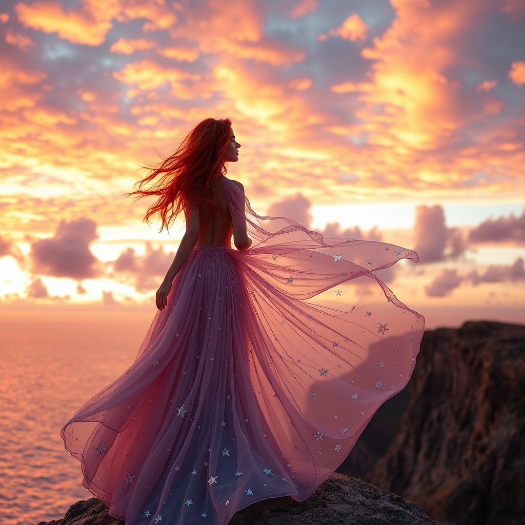 A stunningly beautiful red-haired woman in a flowing, ethereal gown standing on a cliff overlooking a breathtaking sunset