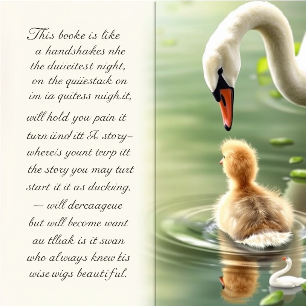 A heartwarming book cover image featuring a sad duckling gazing into the water on the right side, observing the beautiful reflection of a graceful swan