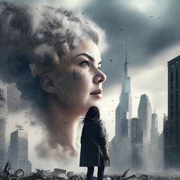 A gigantic woman looming over a city, causing destruction in her wake, with skyscrapers crumbling and cityscape in chaos.