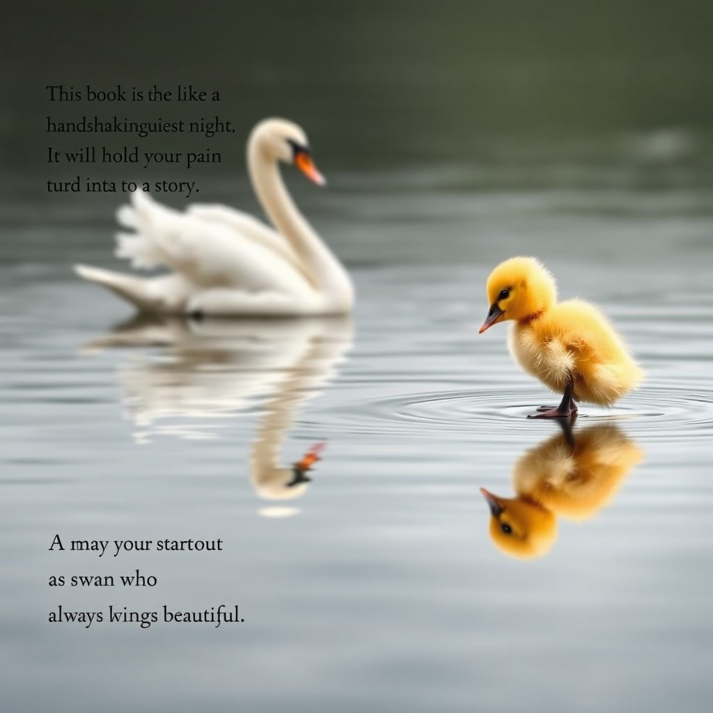 A book cover image featuring a sad duckling on the right side, gazing forlornly into a calm body of water, where it sees the majestic reflection of a beautiful swan