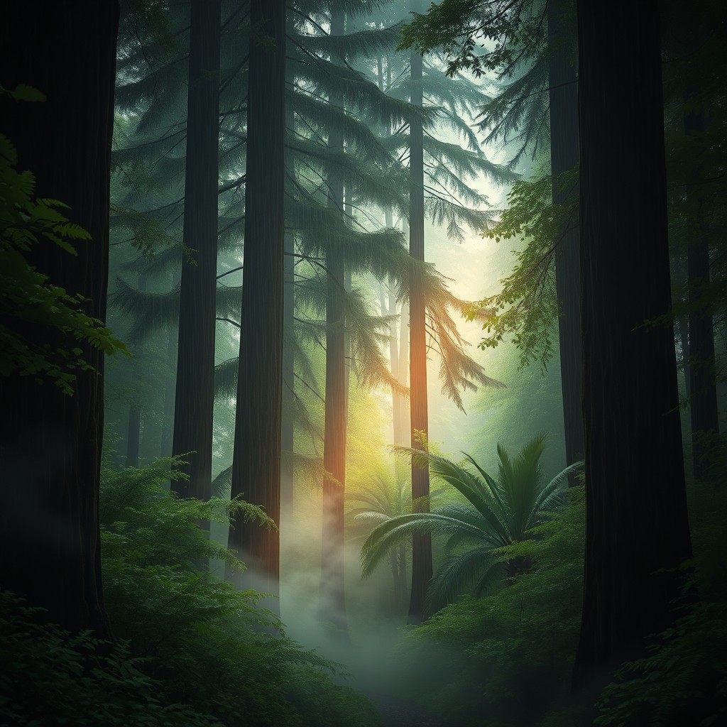 A serene and mystical forest environment, filled with tall, ancient trees surrounded by vibrant green foliage