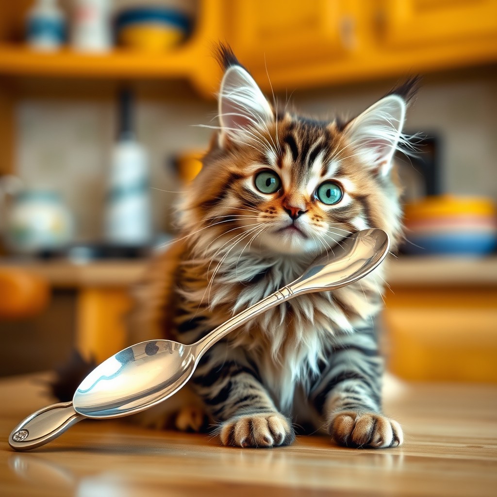 A cute and fluffy cat sitting playfully with a shiny silver spoon