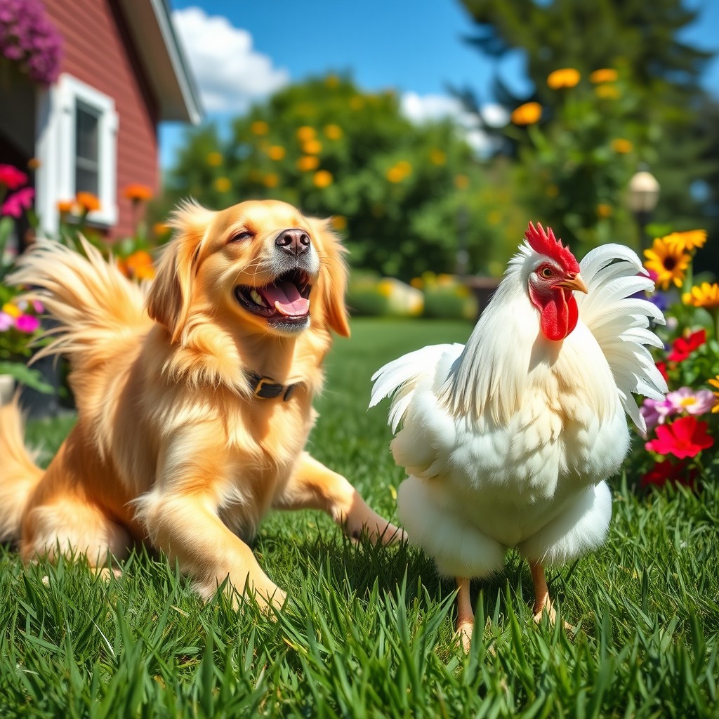 A playful scene featuring a happy dog joyfully interacting with a chicken in a sunny backyard