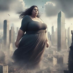 A gigantic woman looming over a city, causing destruction in her wake, with skyscrapers crumbling and cityscape in chaos.