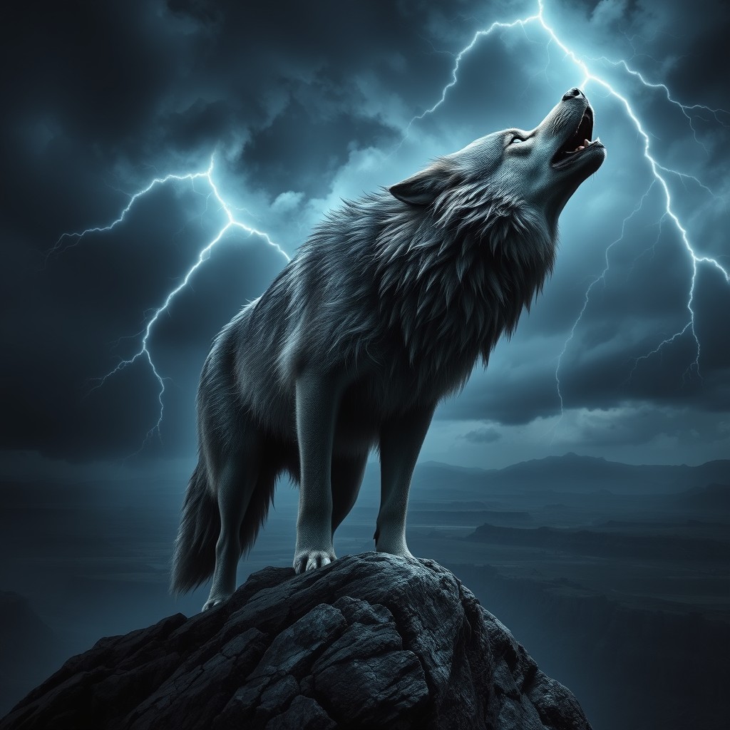 A dramatic portrayal of a fierce wolf embodying fear, standing atop a rocky cliff under a stormy sky