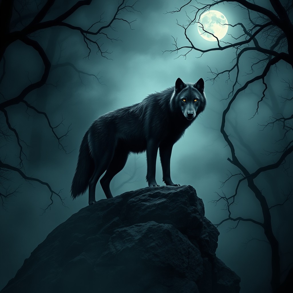 A haunting image of a lone wolf embodying fear, set in a dark, misty forest