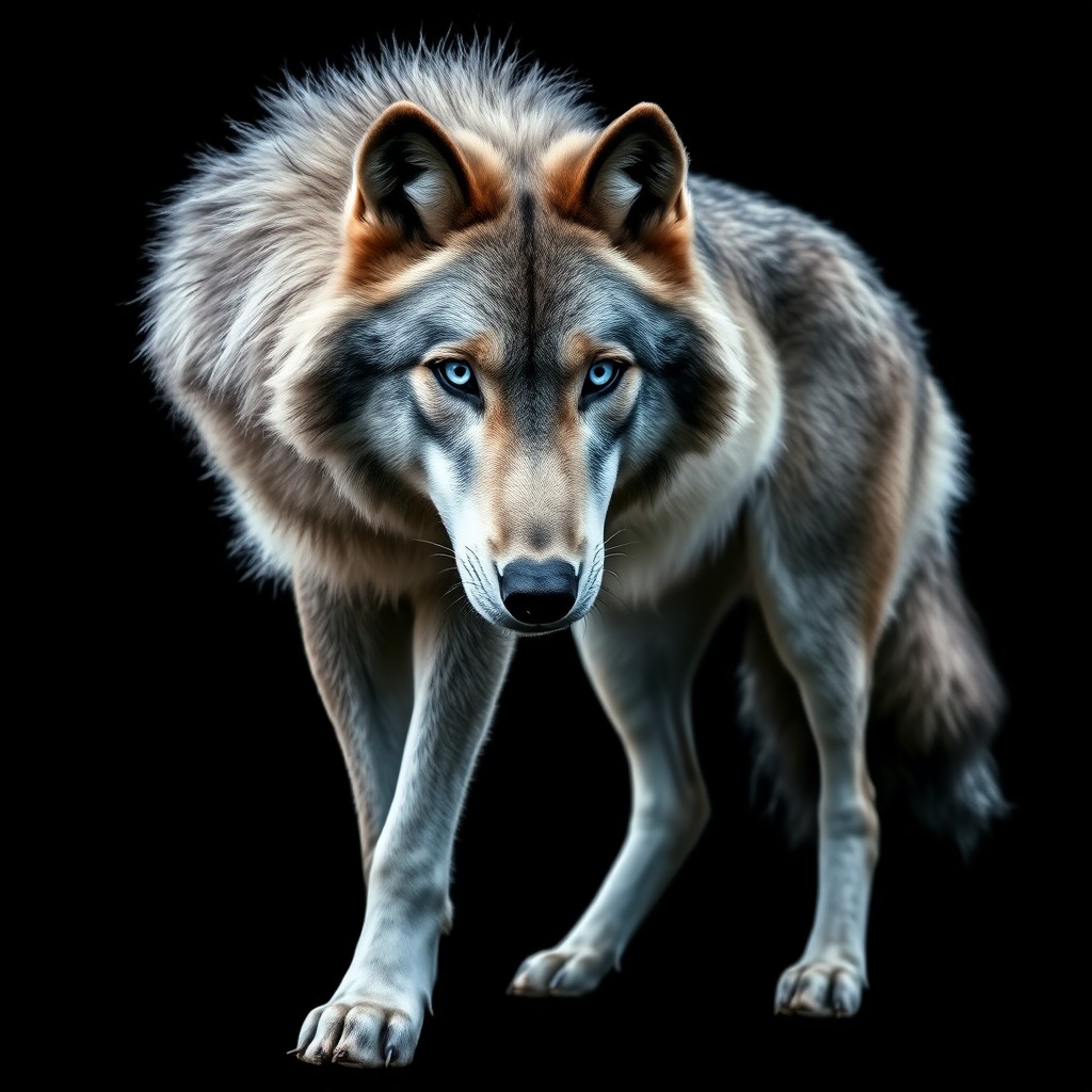 A striking and powerful image of a majestic wolf standing confidently against a solid black background
