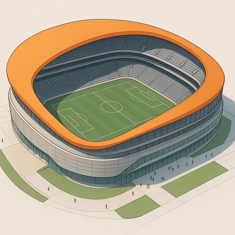 A modern architectural rendering of a futuristic stadium