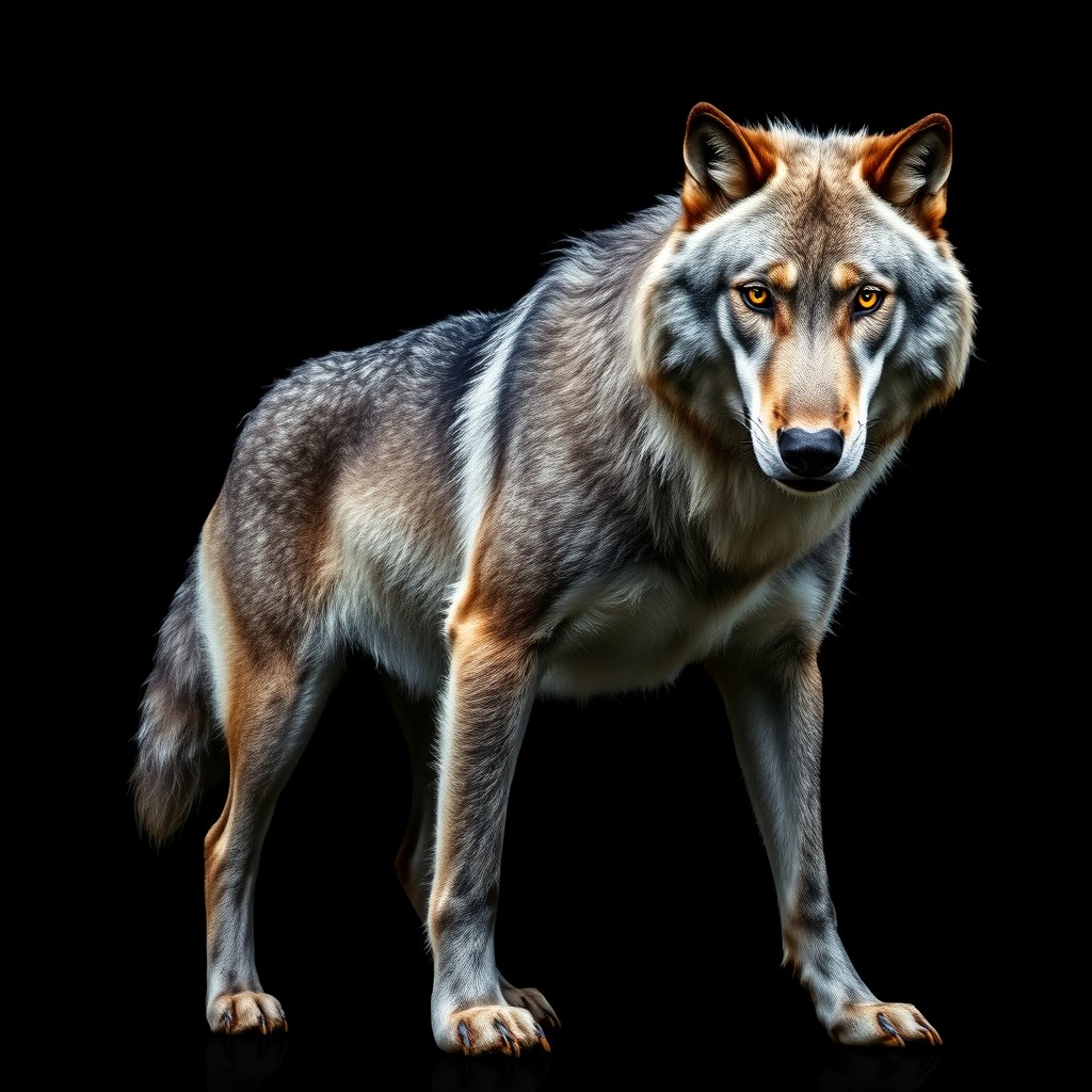 A striking and powerful image of a majestic wolf standing confidently against a deep black background