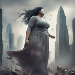 A gigantic woman looming over a city, causing destruction in her wake, with skyscrapers crumbling and cityscape in chaos.