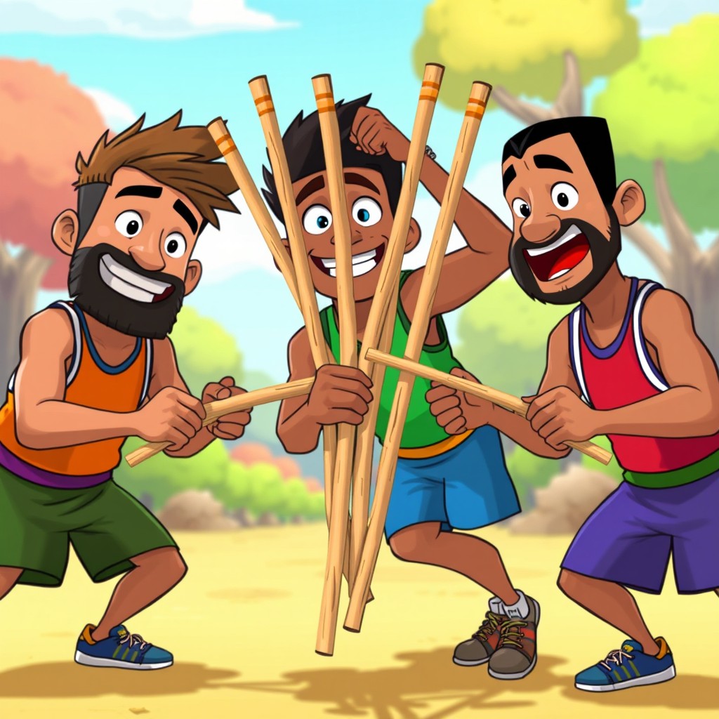 An animated scene featuring three men of different ethnicities, each holding a bundle of five thin wooden sticks, in the process of breaking them
