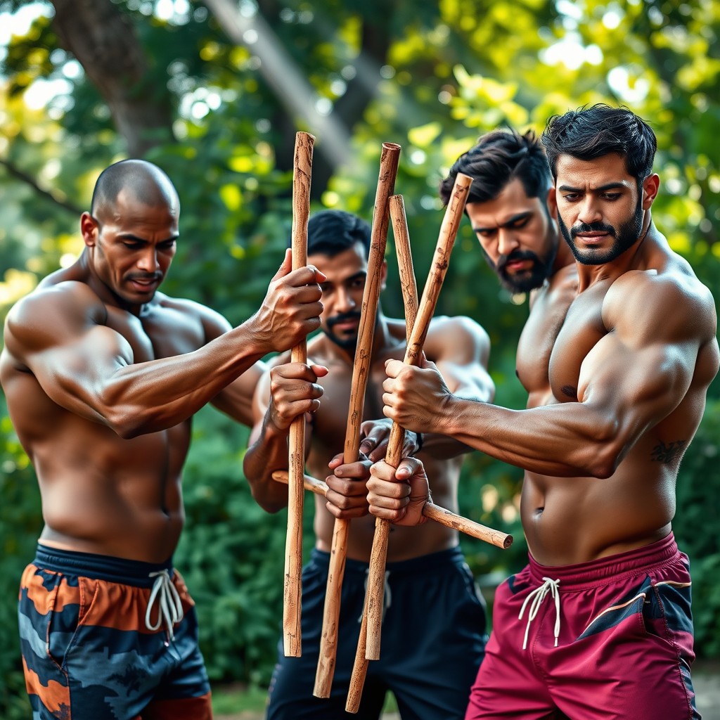 Three muscular men, each from diverse ethnic backgrounds, holding five thin wooden sticks in their hands, intensely engaged in the process of breaking them apart